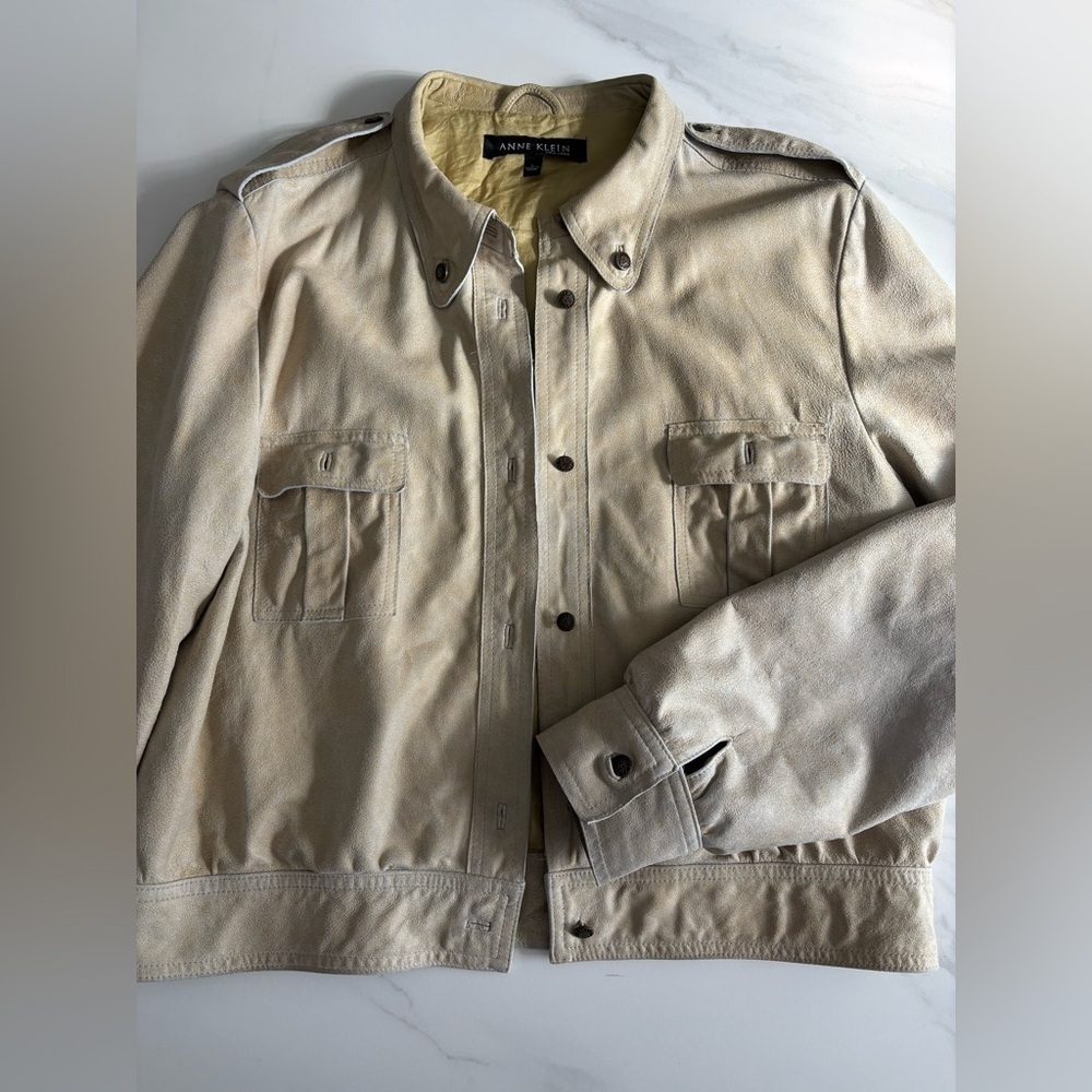 Anne Klein Vintage Military Style Leather Jacket sz L Beige
